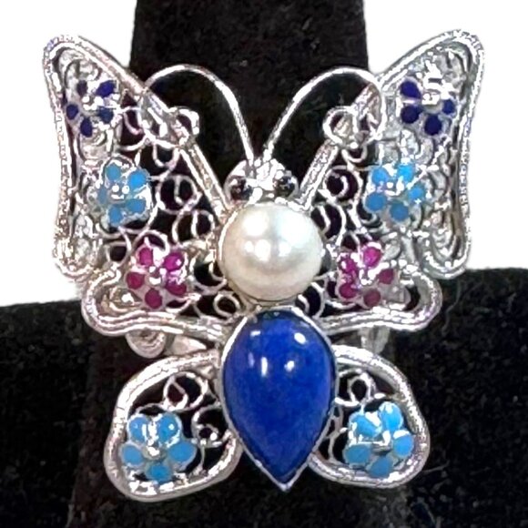Butterfly Enamel Sterling Silver Ring Lapis Lazuli Pearl Accents Cloisonne 925 - Picture 1 of 11